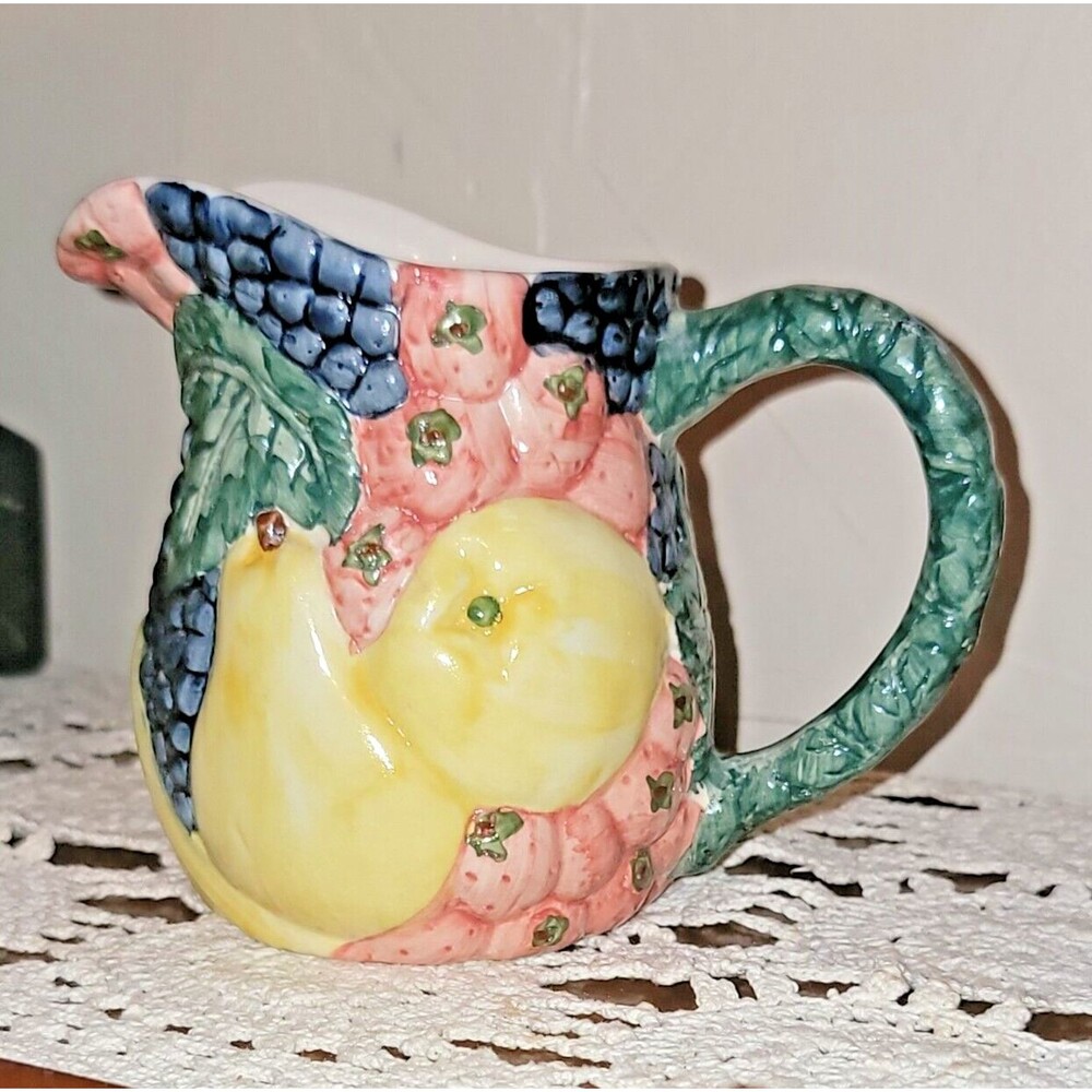 High Relief Pottery Creamer Colorful Farm Fruits Veg 80s 90s FLOWERS INC. VTG